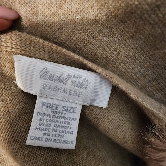 Marshall Fields Cashmere Scarf  rabbit fur pompoms  30 x 79 2 repaired holes - Picture 5 of 7